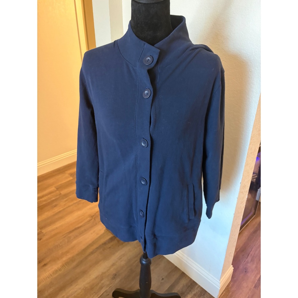 Navy Blue Mock Neck Button Front Jacket Sweatshirt with Pockets Small